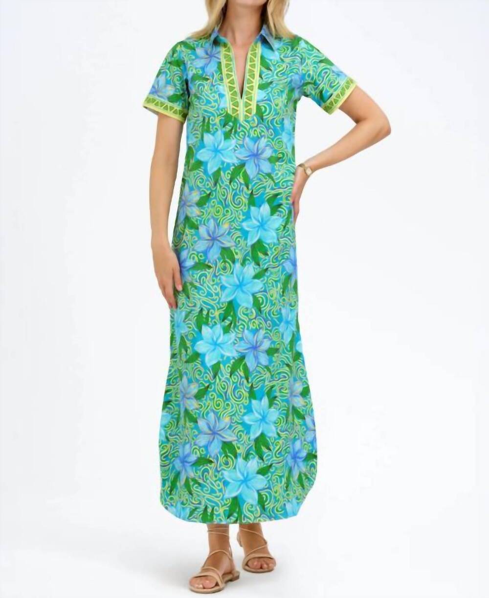 NEW BELLA TU annie caftan floral dress in maui blue